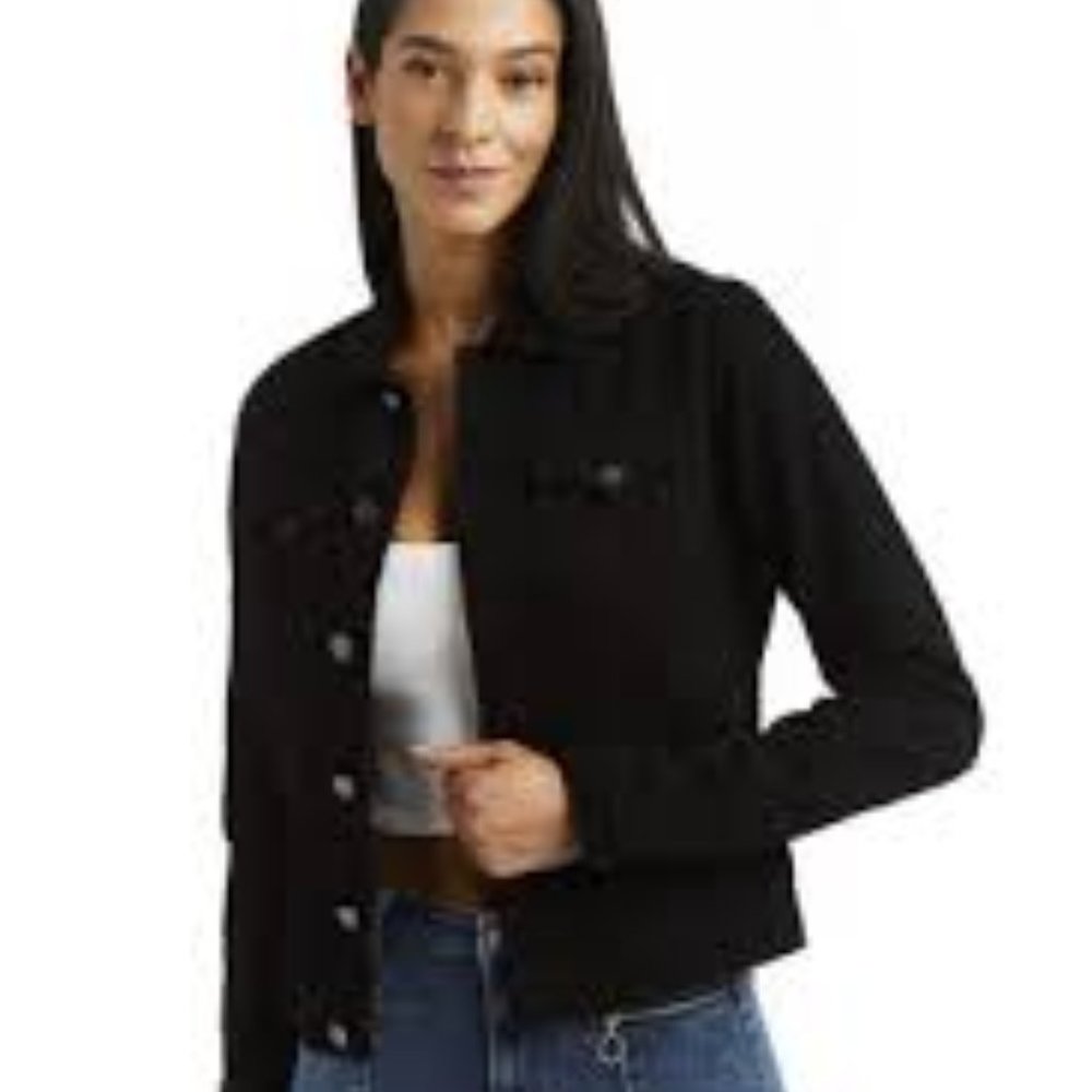 Tractr Loretta Denim Jean Jacket Black Size M Logo Buttons NWT…